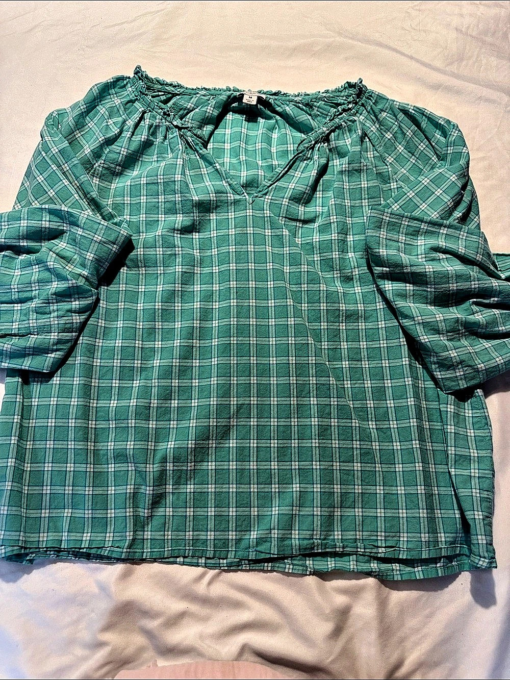J.Crew Plaid Ruffle-Collar Popover Top Green & White Medium